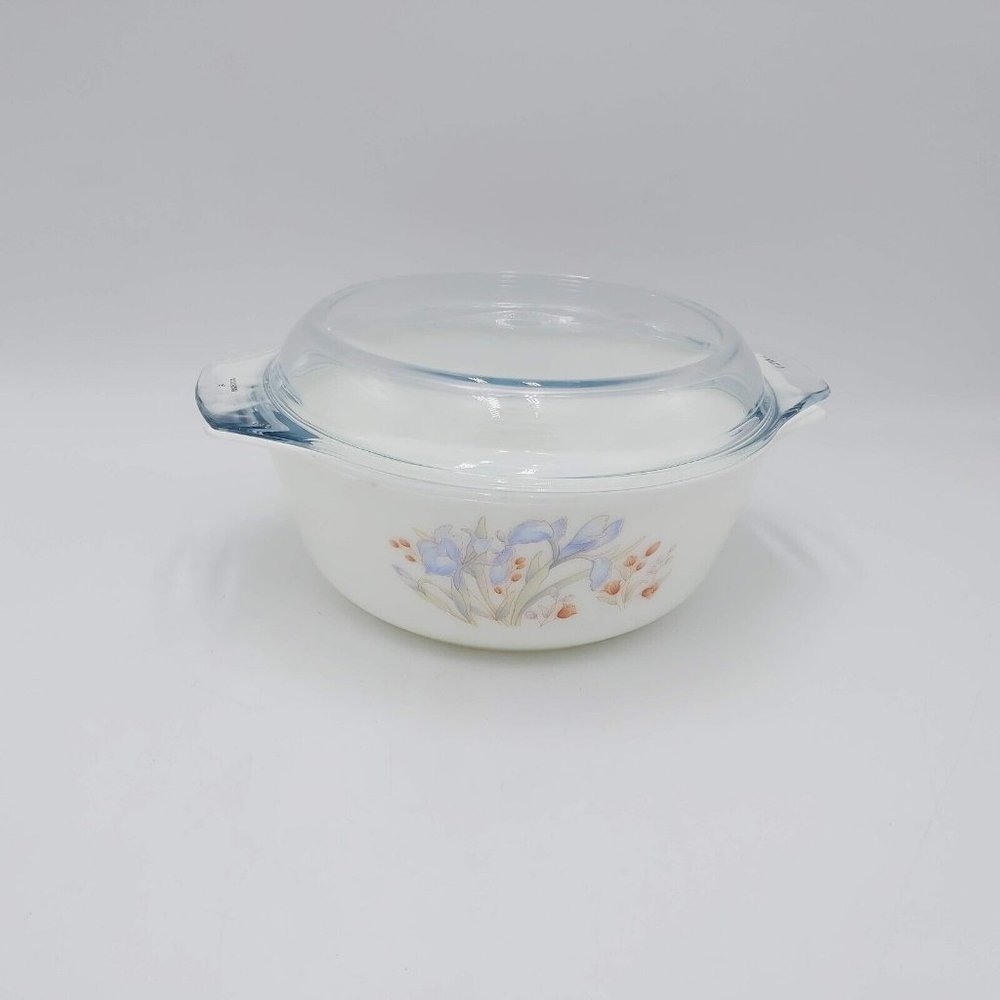 Pyrex Blue Iris Casserole Dish with Lid 9 Inches in Diameter Vintage Cookware